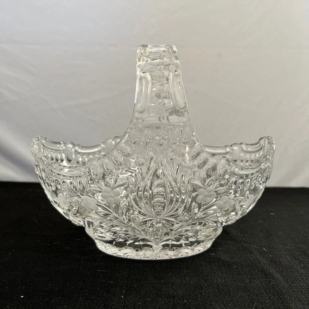 Vintage Clear Etched Crystal Glass Basket Floral Leaf Pattern Applied Handle